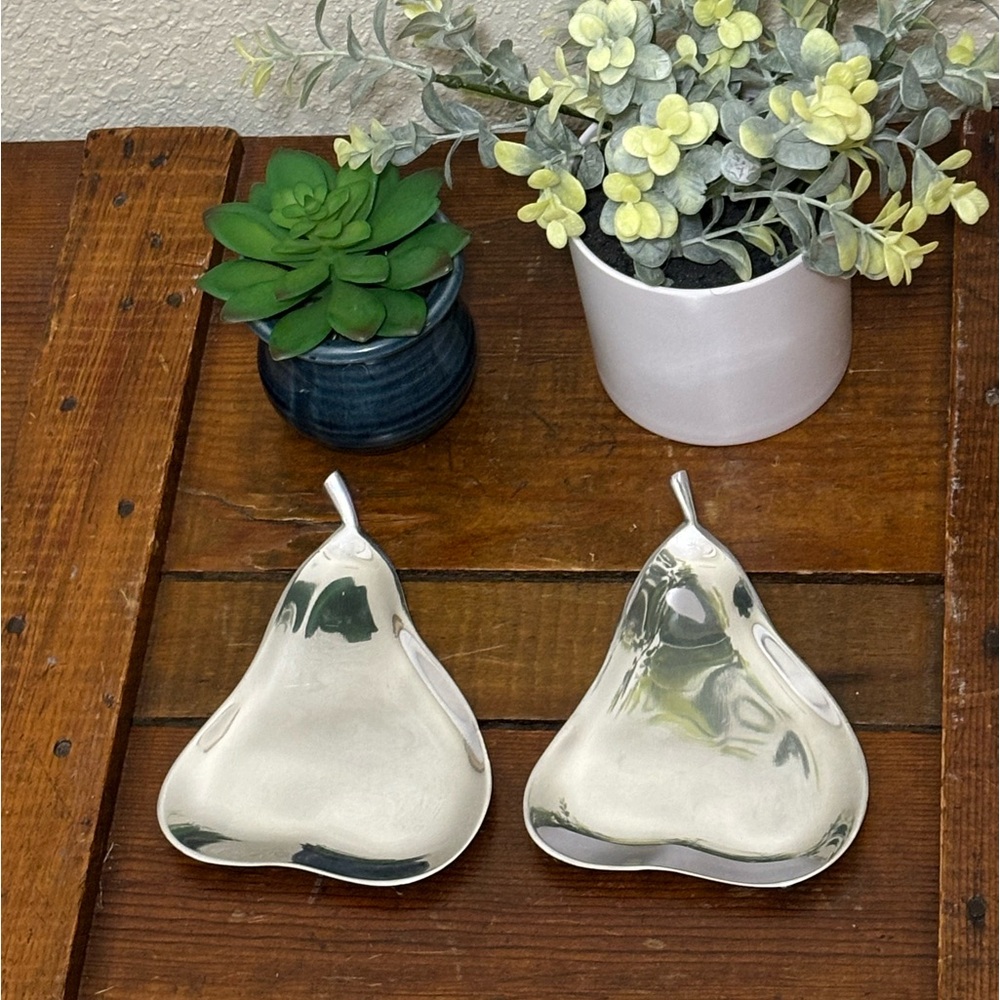 Crate & Barrel Pear Snack Trays, set of 2. Silver Pewter metal.